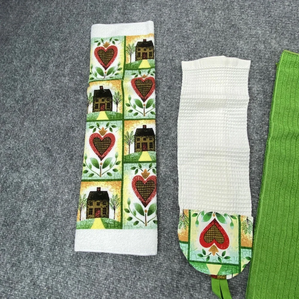 Kitchen Towel Set 7 Pc Green Heart House Print‎ Oven Mitts Potholders Farmhouse